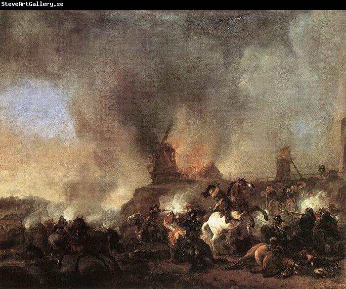 Philips Wouwerman Cavalry Battle in front of a Burning Mill by Philip Wouwerman